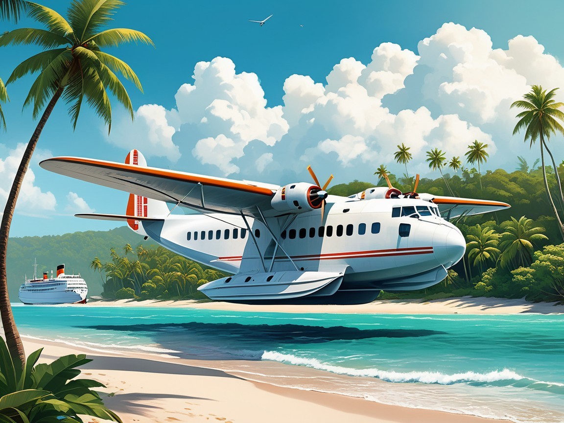 Vintage Seaplane Over Tropical Beach and Turquoise Water
