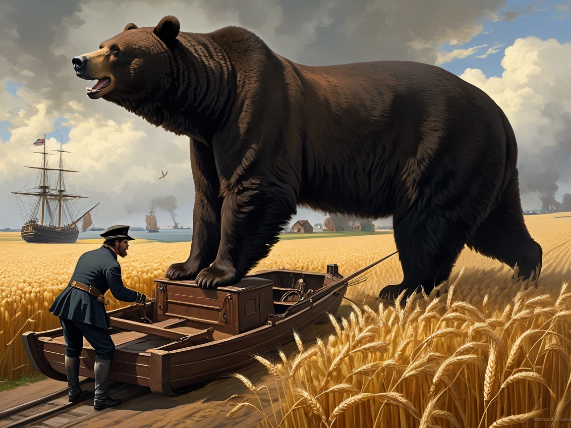 Giant Bear on Boat in Surreal Landscape with Wheat Fields
