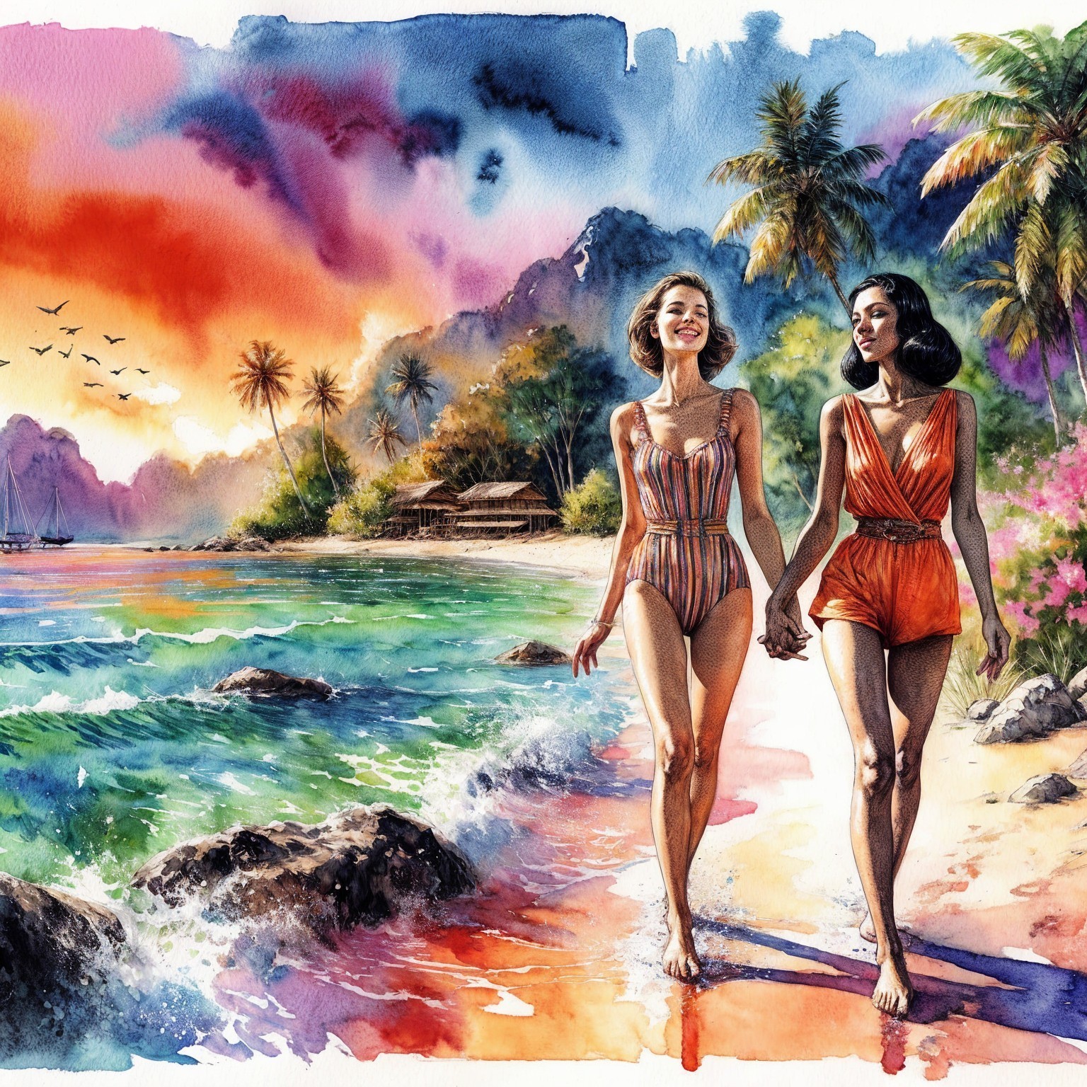 Women Walking on Beach at Sunset with Palm Trees