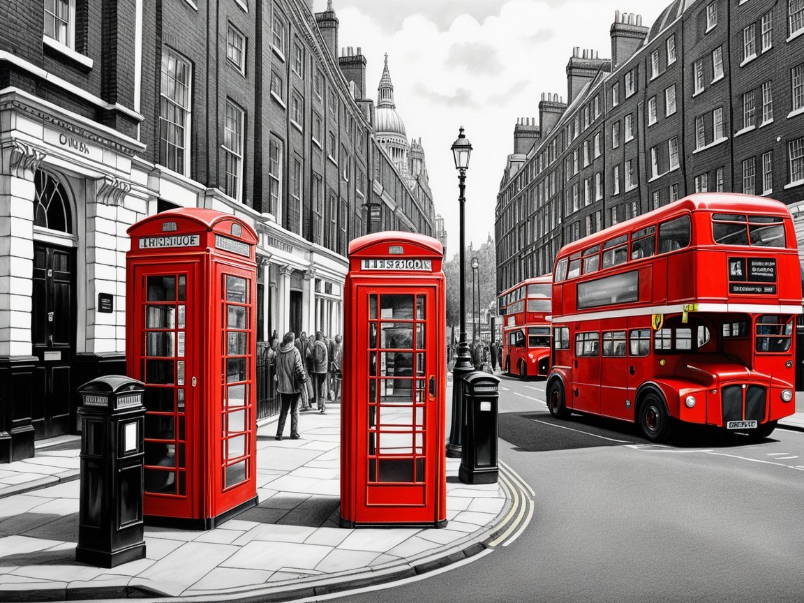 London Street Scene with Red Telephone Boxes and Buses