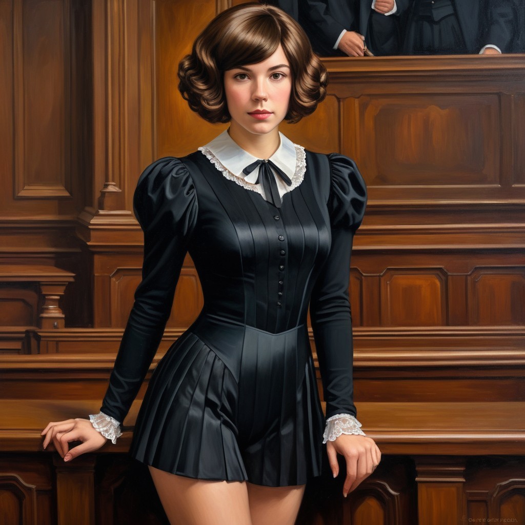 Young Woman in Elegant Outfit in Courtroom Setting