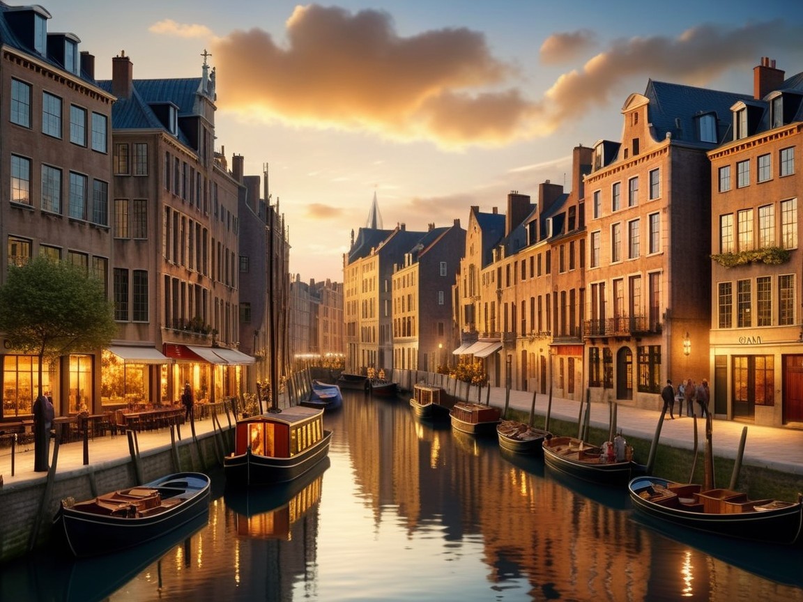 Picturesque Canal Scene at Dusk with Brick Buildings