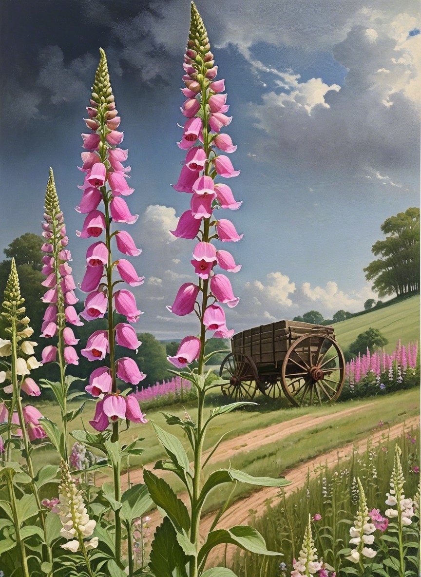 Serene countryside scene with pink foxglove flowers