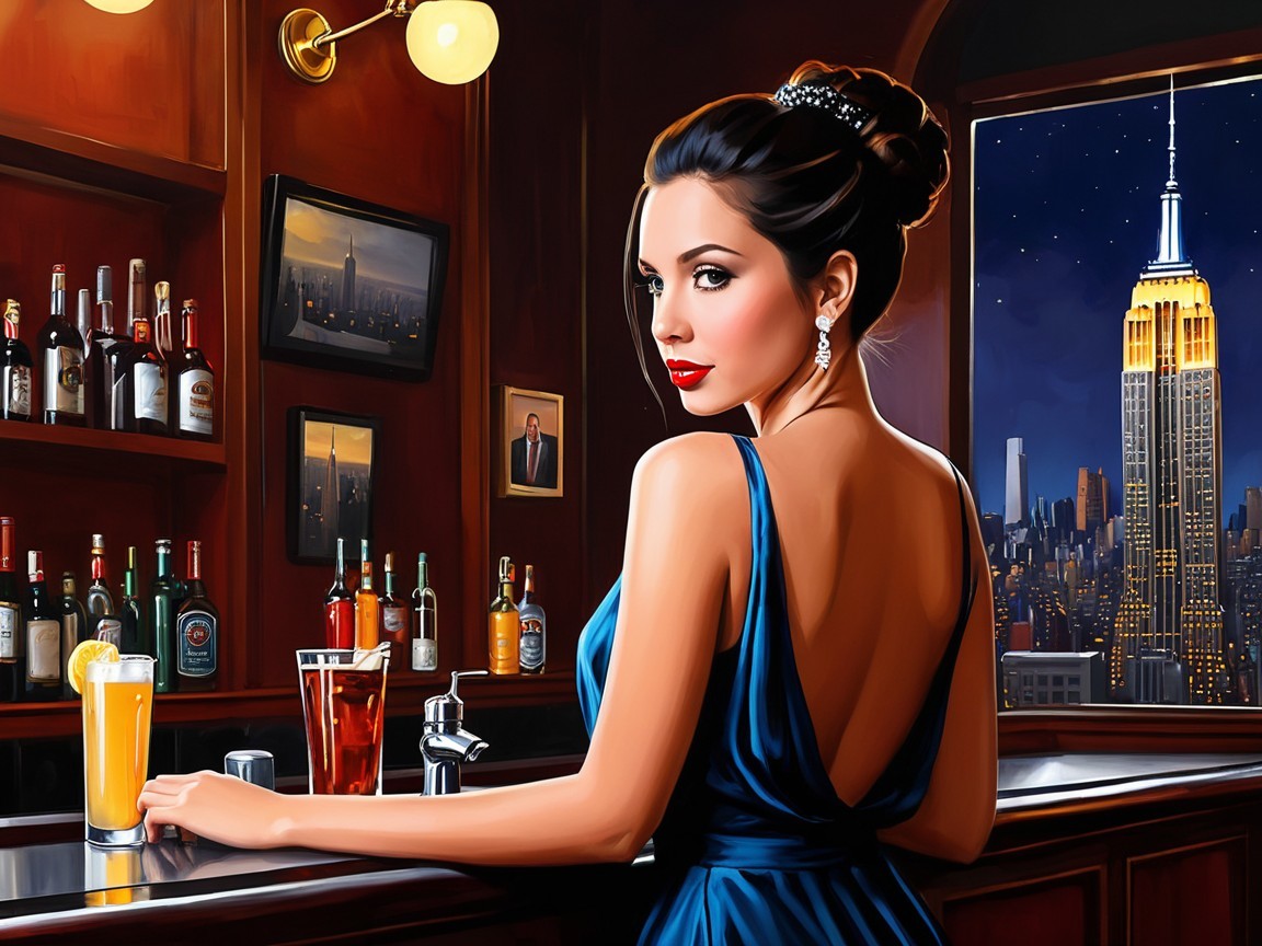 Elegant Woman in Blue Gown at Stylish Bar Setting