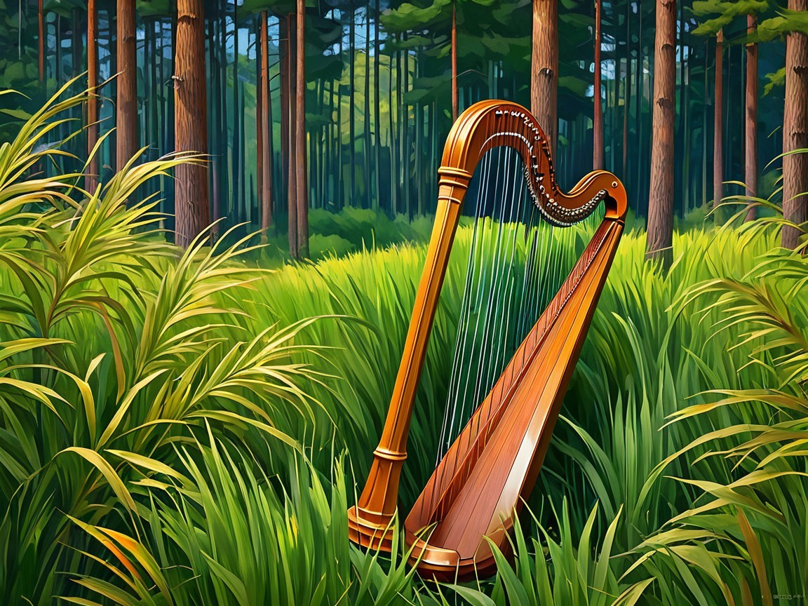 Wooden harp in serene forest with lush greenery