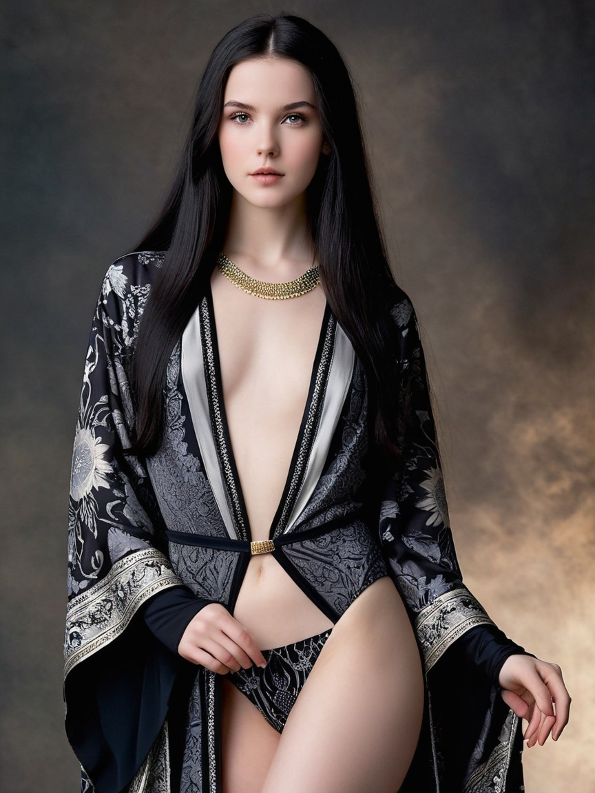 Elegant model in black and silver ensemble with necklace