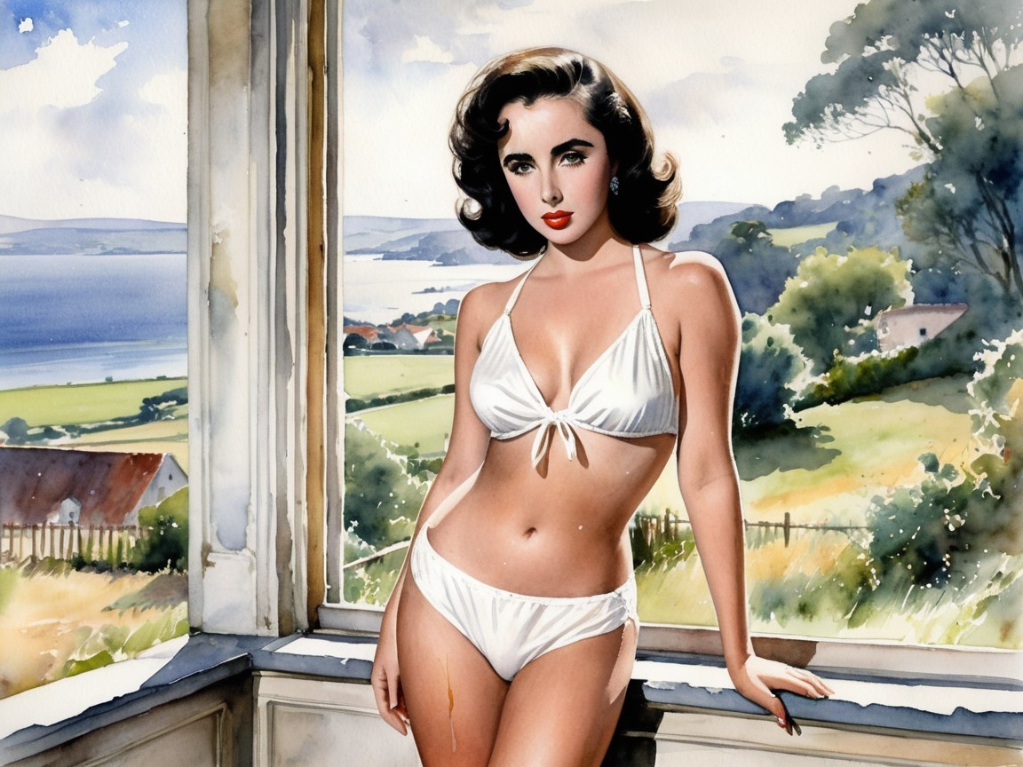 Glamorous Woman in White Bikini by Open Window