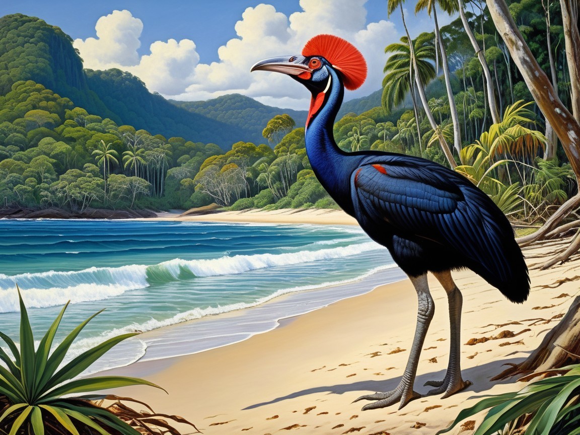 Cassowary on Beach with Lush Mountains and Waves