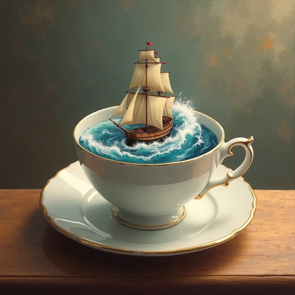 Porcelain Teacup with Miniature Ship in Blue Water