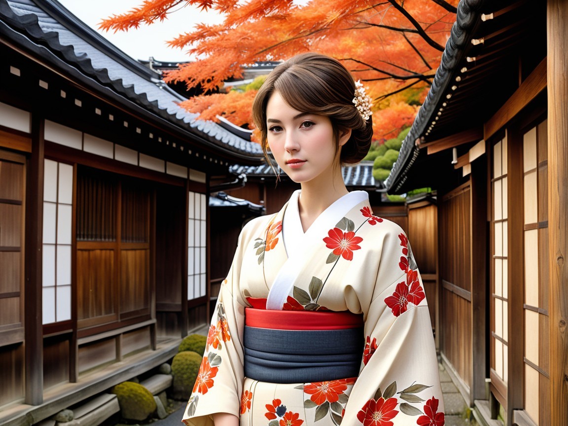 Young Woman in Kimono in Japanese Garden Setting