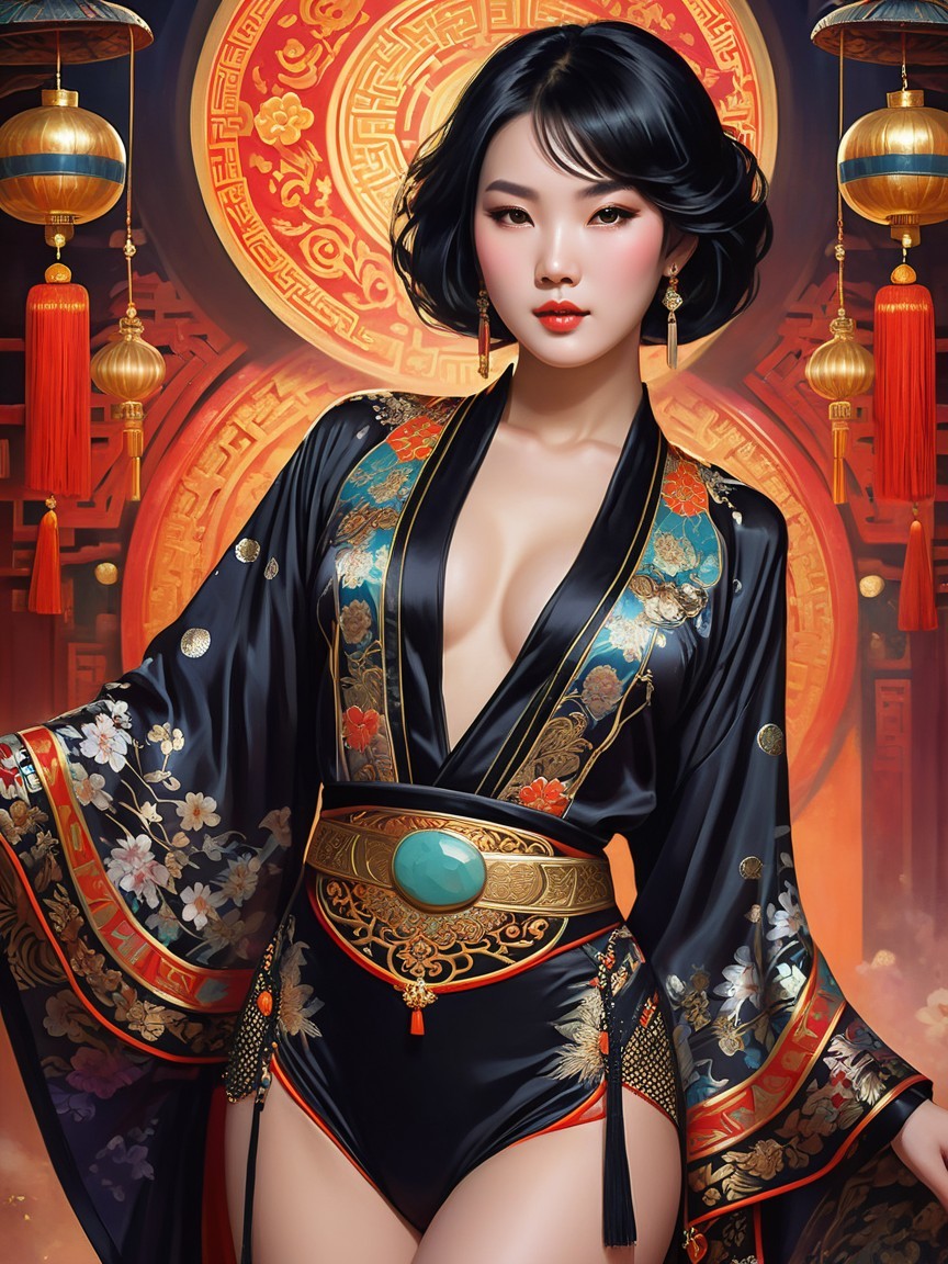 Elegant Woman in Black Kimono with Floral Patterns