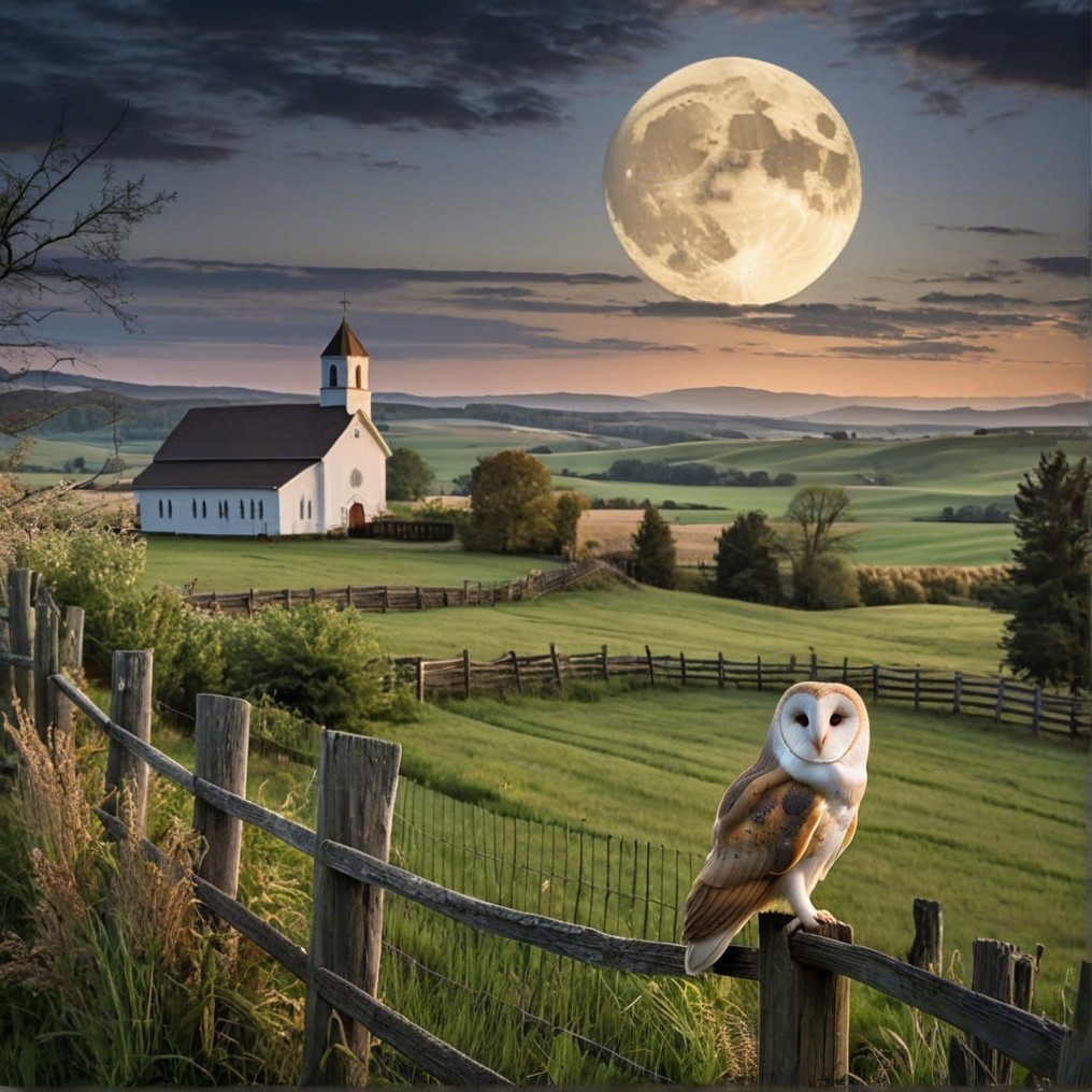 Countryside Scene with Barn Owl and Full Moon