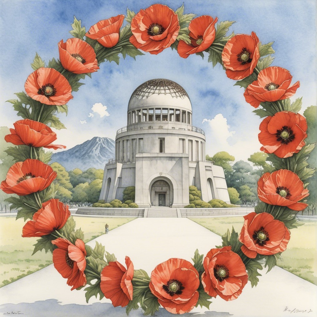 Modern Domed Building Surrounded by Red Poppies