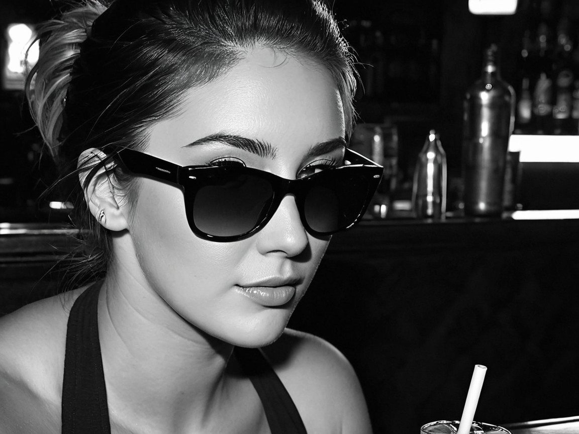 Young woman in sunglasses at a dimly lit bar