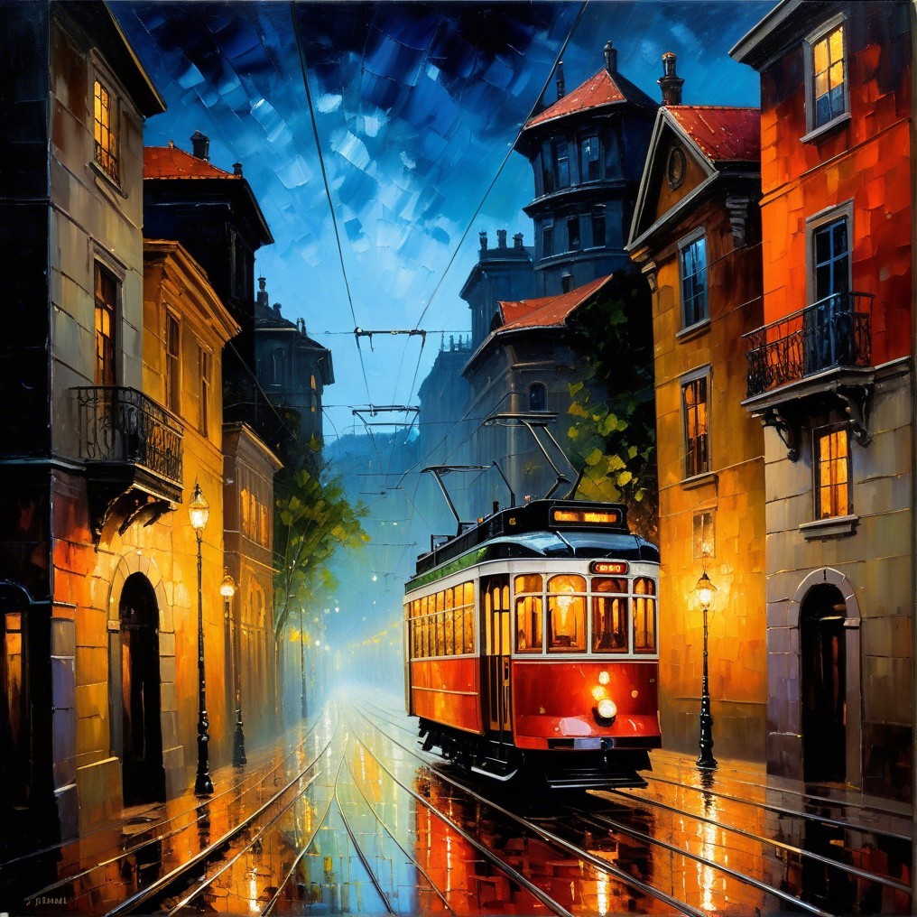 Vibrant cityscape with vintage tram at dusk