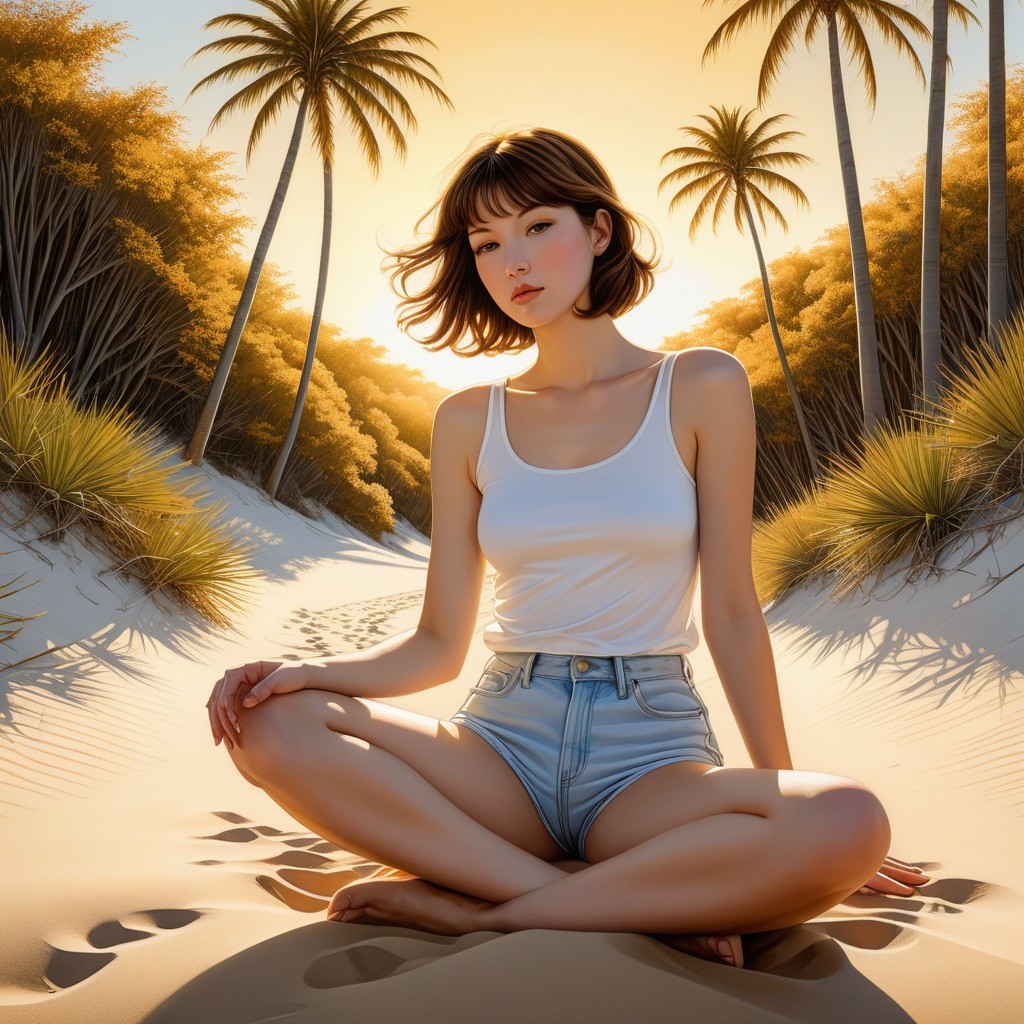 Asian woman sitting cross-legged on sandy path at sunset