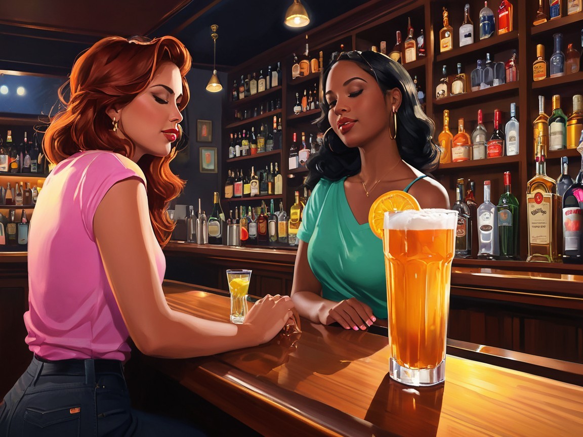 Two Women in Cozy Bar with Drinks and Conversation
