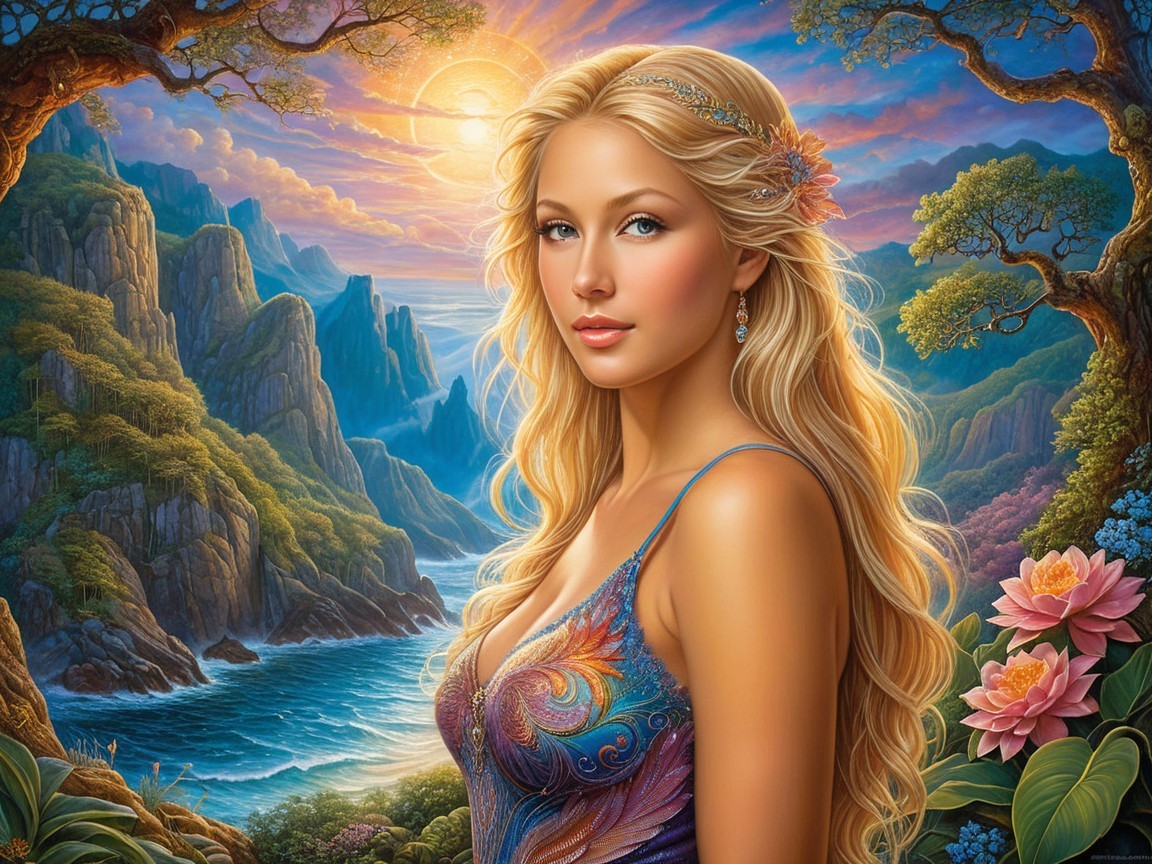 Serene landscape with a woman in vibrant sunset attire