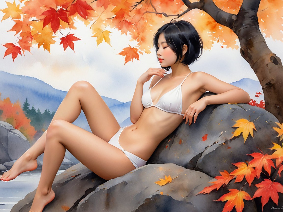Young Woman Relaxing Among Autumn Leaves and River