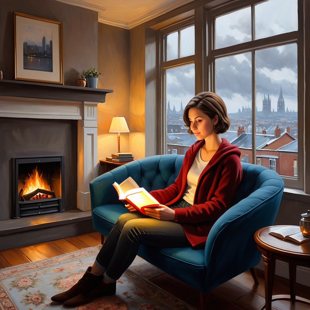 Young Woman Reading in Cozy Room with Fireplace