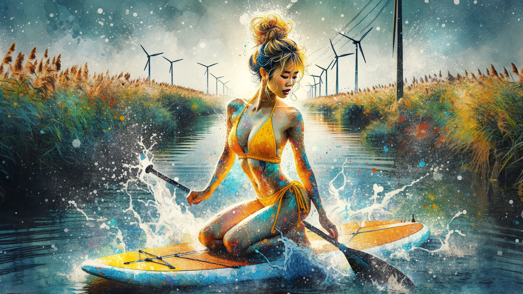 Vibrant Digital Artwork of Paddleboarding Woman
