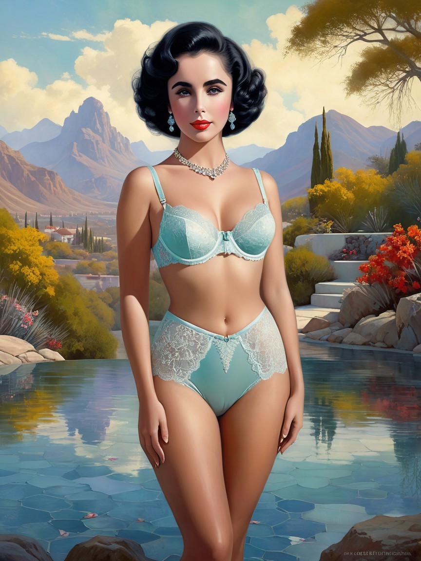Glamorous Figure by Tranquil Pool in Vintage Lingerie