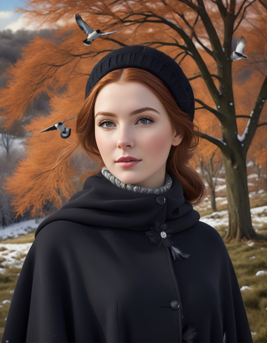 Young woman in black cloak against autumn landscape