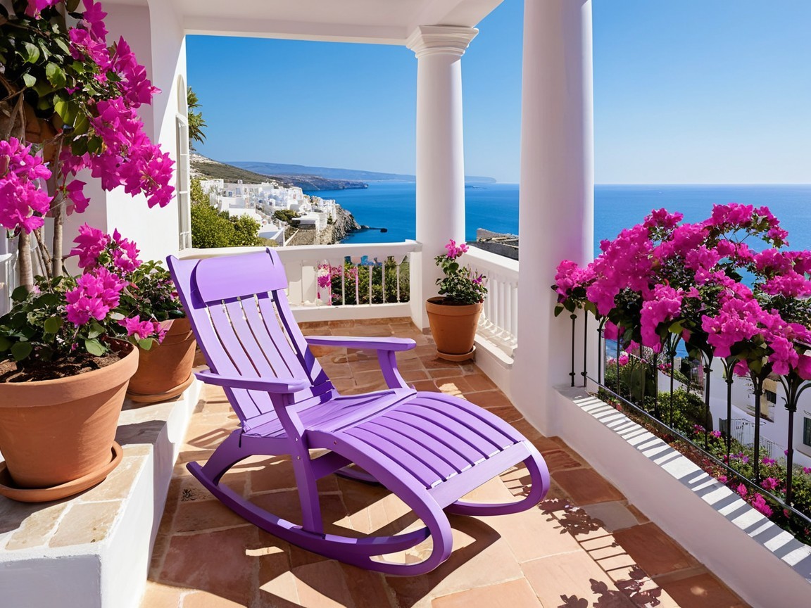 Vibrant Purple Rocking Chair on Sunny Patio with Sea View