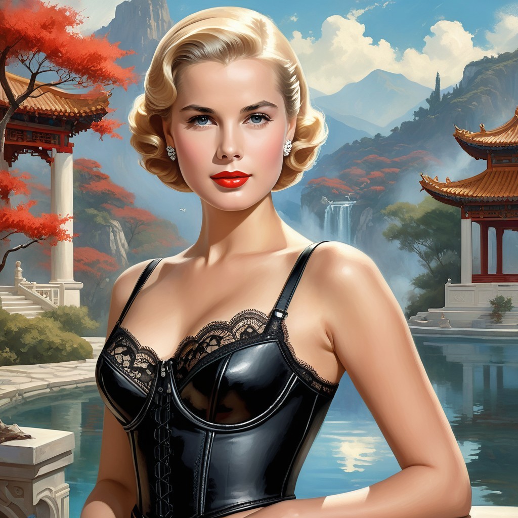 Grace Kelly Cartoonish Portrait in Chinese Landscape