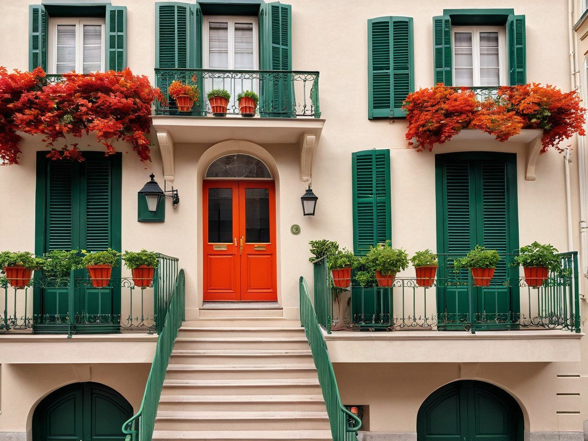Charming Building with Orange Door and Green Shutters