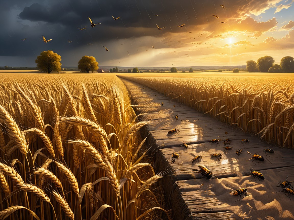Golden Wheat Fields Under Dramatic Sky and Sunlight