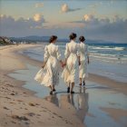 Serene Beach Scene with Women in White Dresses