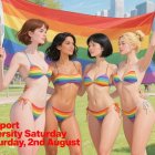 Four Women Holding Rainbow Flag in Vibrant Park