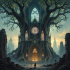 Ethereal Cathedral Amidst Twisted Trees at Twilight