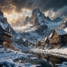Serene Winter Landscape with Wooden Chalets and Mountains