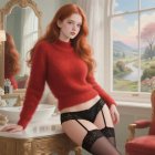 Digital painting of a woman in a red sweater and lingerie