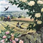 Serene Landscape with Pink Roses and Rolling Hills