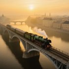 Vintage steam locomotive crossing a bridge at sunset