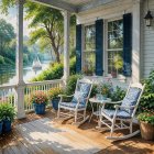 Serene Porch with Rocking Chairs by Tranquil Lake
