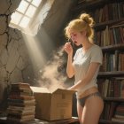 Young woman exploring a box in a book-filled room