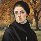Young woman in dark cloak in autumn landscape