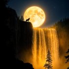 Silhouetted wolves howling at a full moon over a waterfall