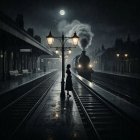 Solitary Figure at Rainy Train Station with Lamplight