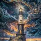 Lighthouse on Cliff at Sunset with Dramatic Sky