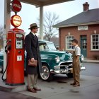 Man and boy at vintage gas station with classic car