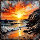 Vibrant Sunset Over Rocky Shoreline and Pine Trees