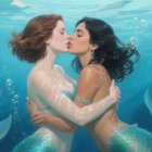 Mermaids Kissing Underwater with Colorful Tails