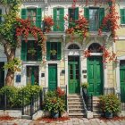 Charming Building with Vibrant Green Doors and Foliage