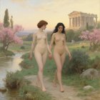 Elegant women in classical dresses amidst ancient ruins