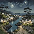 Moonlit Coastal Village with Tranquil Harbor Scene